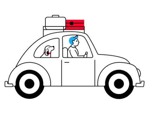 Line-art illustration of a vintage car with luggage on top, a person driving and a dog looking out the back window