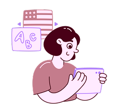Illustration of a person holding a tablet with a U.S. flag and ABC blocks representing bilingual support